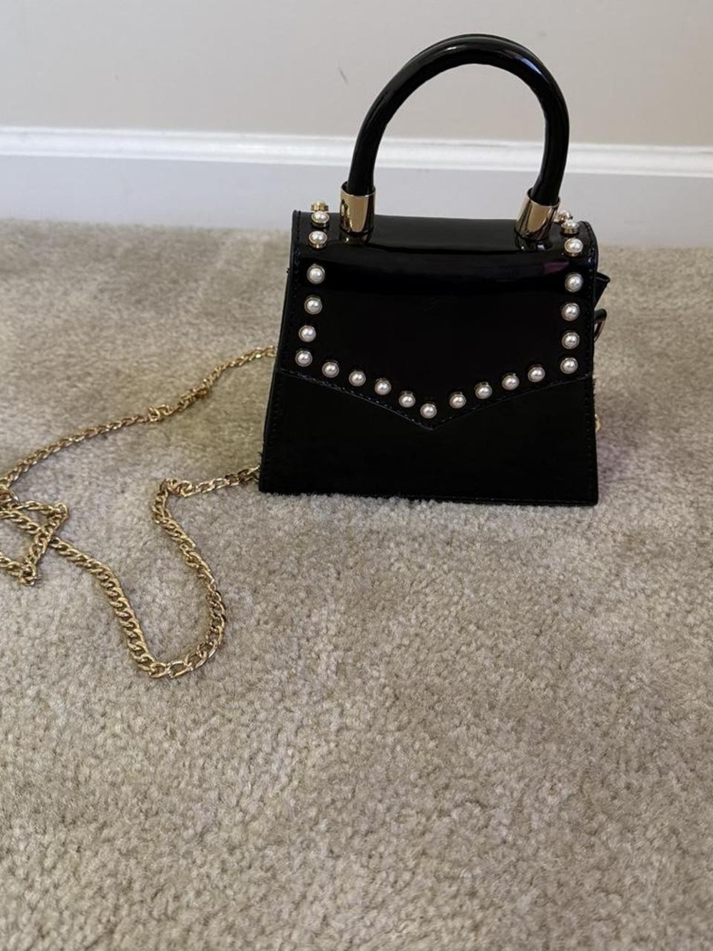 Black Pearl-Trim Mini Top-Handle Bag